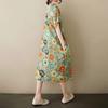 Foto real de Nuevo en Stock Verano Talla Grande Algodón-Lino Fino Floral Vintage Artístico Largo hasta la Rodilla Vestido Midi para Mujer con Estilo Elegante