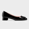 Novos Sapatos de Salto Único Estilo Francês Elegante para Primavera/Verão 2026 com Fivela Quadrada Rv, Salto Bloco Versátil, Bico Redondo, Couro Genuíno, Sapatos de Trabalho