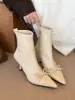 Botas de tacón alto con lazo botas cortas mujer primavera otoño botas de cuero punta fina nuevas botas sencillas 2026 imitación moda tejido elástico ajustado