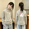 Camiseta Térmica de Forro Polar para Niñas Otoño Invierno Cuello Semi-Alto Elegante Cálida Rayada Ropa Interior para Niños Medianos y Grandes Camiseta de Manga Larga