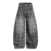 Calça Jeans Oreeta American Street Xadrez Desgastado Scimitar para Homens e Mulheres, Perna Larga Solta Comprimento Total