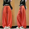 Pantalones de chándal de otoño para mujer, estilo americano, bloques de color, cintura elástica, patchwork, con remaches, dobladillo curvo, cintura alta, cordón y diseño casual de pierna ancha