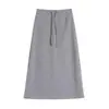 Falda casual gris con cordón para mujer, primavera y otoño, de cintura alta, corte recto, con caída, abertura trasera, falda larga de línea A, transfronteriza