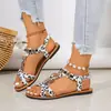 Sandalias planas de talla grande transfronterizas europeas y americanas 2026 con estampado de leopardo y decoración floral para mujer, zapatos romanos elásticos vintage
