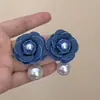 Pendientes de Tela de Mezclilla Azul Transfronterizos con Perlas y Camelia, Estilo Vintage de Alta Gama, Elegantes Pendientes Estilo Ins para Mujer al por Mayor