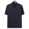 Traje Tang Masculino de Verão com Manga Curta para Pais de Meia-Idade e Idosos, Camisa Casual Fina Estilo Chinês para Exercício Matinal para Avôs