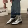 Botines de moda estilo francés con tacón grueso para mujer, nuevos botines de una sola pieza para primavera y otoño 2024, punta fina, plateados, elegantes, de ajuste ceñido