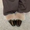 Primer Encuentro Temporada Invierno Más Terciopelo Cálido Tacón Medio Zapatos Pequeños de Cuero para Mujer Punta Cuadrada Tacón Grueso Zapatos de Una Pieza Slip-On Zapatos Peludos