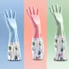 Guantes caseros de forro polar, engrosados, para todas las estaciones, para mujer, adecuados para uso en la cocina, lavado de platos, limpieza, duraderos, de longitud extendida, impermeables y para lavar la ropa y hacer las tareas del hogar; hecho de goma