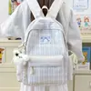 Mochila de estilo japonés ins con bloques de color a cuadros para estudiantes de secundaria y universidad, mochila de viaje con lazo y cinta para chicas