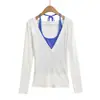 Cl25118-25 Novo Estilo Outono Estilo Europeu e Americano Leve Cor Contrastante Gola U Falso Duas Peças Manga Longa Camiseta Básica