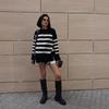 Suéter de Punto Transfronterizo Europeo y Americano para Mujer 2025 Otoño e Invierno Nuevo Casual Rayado Holgado Cuello Redondo Chaqueta de Punto para Mujer