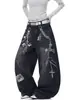 Jeans Bordado Raio Design Primavera e Outono para Homens e Mulheres Rua Americana Solto Casual Lavado Perna Larga Tendência