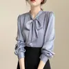 Camisa Azul com Laço Design Feminino Senso Profissional Temperamento Camisa Top de Cetim Amarração
