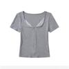 Verão 2025 Feminino Spice Girl Renda Gola Quadrada Camiseta Básica Curta Slim Fit Emagrecedora Meio Zíper Manga Curta Top