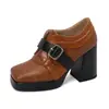Nuevos Zapatos de Mujer con Hebilla Color Block y Punta Cuadrada Plataforma Suela Gruesa Tacón Alto Grueso 33-48 Zapatos de Exportación Amazon