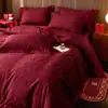 Juego de Cama de Lujo Ligero Vintage de Algodón de Fibra Larga de Clase A de 100 Recuentos para Boda de Cuatro Piezas, Ropa de Cama de Algodón Puro de Gama Alta Roja para la Habitación Nupcial