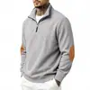 Roupas Masculinas Transfronteiriças de Primavera e Outono Moletom com Zíper Parcial e Gola Alta de Listras Verticais Manga Longa Decoração com Patches nos Cotovelos Pulôver Casual