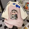 Nueva Camiseta de Manga Corta de Verano Linda y Divertida de Crayon Shin-Chan para Mujer, Top de Algodón Puro Vintage Americano Holgado con Retazos