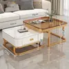 Mesa de Centro de Lujo Ligero para Sala de Estar, Estilo Minimalista Moderno para Apartamentos Pequeños, Mesa de Centro Cuadrada de Vidrio y Placa de Piedra de Moda y Juego de Mueble para TV