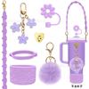 Creativa Funda de Silicona para Vaso de Agua Stanley Flor Funda para Vaso Tapa para Popote Cuerda Bola de Pelo Set de Accesorios para Vaso de Hielo