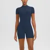 Macacão de Yoga Curto com Zíper Cruzado e Manga Curta para Mulheres, Macacão Esportivo Justo Casual para Fitness, Roupa de Yoga