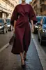 Ropa de Mujer 2025 Moda Transfronteriza Europea y Americana Vestido de Cintura Elegante de Color Puro Manga Murciélago Falda Larga Casual