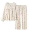 Pijama Nuevo Estilo de Crepé de Algodón Puro para Mujer, Pijama Dulce Floral Pastoral, Ropa de Casa Holgada de Manga Larga