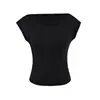 Camiseta casual raglán de manga corta elástica, estilo nicho ajustado, cuello barco para mujer, top simple de verano ajustado