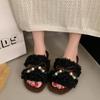 Pantuflas de Piel Casual con Bloques de Color para Mujer Otoño e Invierno 2025 Calzado de Exterior Nuevas Pantuflas de Piel con Suela Plana y Lazo de Perlas de Una Sola Tira