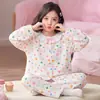 Nuevo Conjunto de Pijama de Algodón Arrugado para Niñas Primavera y Otoño Cardigan de Dibujos Animados Lindo Popular para Escolares Ropa de Casa