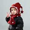 Conjunto de Gorro y Bufanda para Bebé Otoño e Invierno Engrosado Cálido Niños Gorro de Punto Rojo Gorro de Elfo para Niñas Gorro con Protección para las Orejas
