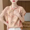 Nueva camiseta de estilo chino con cuello mao de alta gama de satén jacquard vintage para mujer, top fresco de verano transpirable de corte holgado que reduce la edad, de manga corta