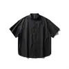 Camisa de manga curta com gola alta texturizada simples estilo japonês Rumeng para homens, verão, solta, respirável, versátil para rua, meia-manga