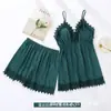 Pijama Feminino de Verão Fino Seda Gelada Renda Sexy Alça Longa Camisola Conjunto de Quatro Peças Roupas Caseiras Femininas com Bojo