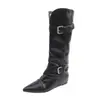 812-4 Botas Largas de Caña Ancha para Mujer, Punta Fina, Tacón Grueso, Pierna Ancha, Botas de Caña Alta, Botas Vaqueras, Botas para Mujer Tallas Grandes 41-43