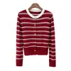 Elegante Versátil Ajustado Suéter Top para Mujer 2026 Primavera Nueva Moda Rayas Bloque de Color Cuello Redondo Cardigan de Punto