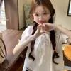 Camisa versátil de manga abullonada con ribete de encaje que reduce la edad para mujer, top suelto de verano con cordones, top de manga abullonada para mujer