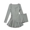 Vestido de dos piezas estilo ballet de deseo puro con cuello en U, entallado a la cintura, manga larga, traje de shorts anti-reflejos, falda línea A para mujer