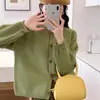 Cárdigan abotonado de estilo coreano, simple, retro, con borde enrollado para mujer, holgado y casual, chaqueta de punto versátil con manga raglán para otoño e invierno