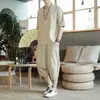Traje de camiseta de manga corta de algodón y lino Conjunto de dos piezas de lino de verano Estilo japonés retro estilo chino de moda Marca Pantalones cortos holgados recortados