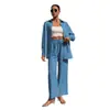 Moda Transfronteriza Europea y Americana Estilo Primavera y Otoño Elegante Talla Grande para Mujer Cardigan de Manga Larga Conjunto Casual de Dos Piezas Color Sólido