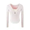 Camiseta con Capucha y Cremallera Falsa de Dos Piezas Estilo Minimalista Manga Larga para Mujer Otoño Ajustada Corta Deportiva Casual Top ins