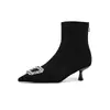 Botas de tacón de aguja con punta ZHR para mujer, nueva colección otoño/invierno 2026, botas de tubo corto ajustadas con pedrería, botas elásticas de gamuza negra