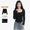 Directo de fábrica, top fino de forro polar para mujer, manga larga, otoño e invierno, cuello cuadrado, no abultado, suave y elástico, corte ajustado, transpirable, top versátil