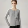 Diseño Nuevo Otoño e Invierno Cárdigan de Punto de Lana Pura para Mujer Cuello Redondo Dobladillo Enrollado Elegante Suéter Abrigo Adelgazante
