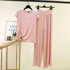 Conjunto de Calça Wide Leg de Cintura Alta com Cordão e Camiseta Básica Sem Manga em Modal Feminino Verão Versátil Casual Plus Size Conjunto de Duas Peças