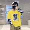 Camiseta de Algodón Puro Falsa de Dos Piezas para Niños Estampado de Dibujos Animados Camisa de Moda t Primavera Otoño Nuevo Estilo Infantil Estilo Coreano Elegante Moda Manga Larga