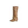[]Chegada Nova Outono/Inverno 2026 Bico Fino Salto Anabela Camurça Moda Francesa Fivela Botas Cano Alto Botas Longas Femininas