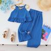 Moda Coreana para Niñas Verano Elegante Conjunto de Dos Piezas Chifón Estiloso Laminado Auricularia Top de Tirantes Pantalones de Pierna Ancha Ropa Transfronteriza para Niños